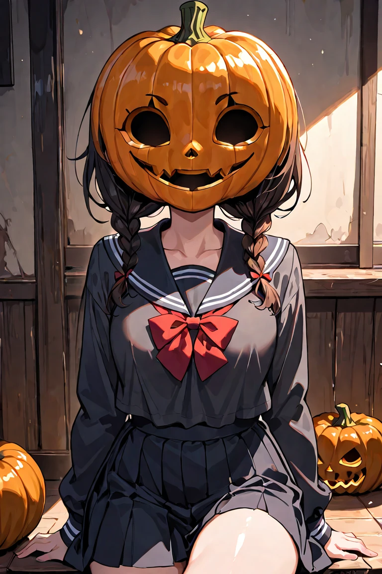 A girl with black hair and blue eyes wearing a scary mask