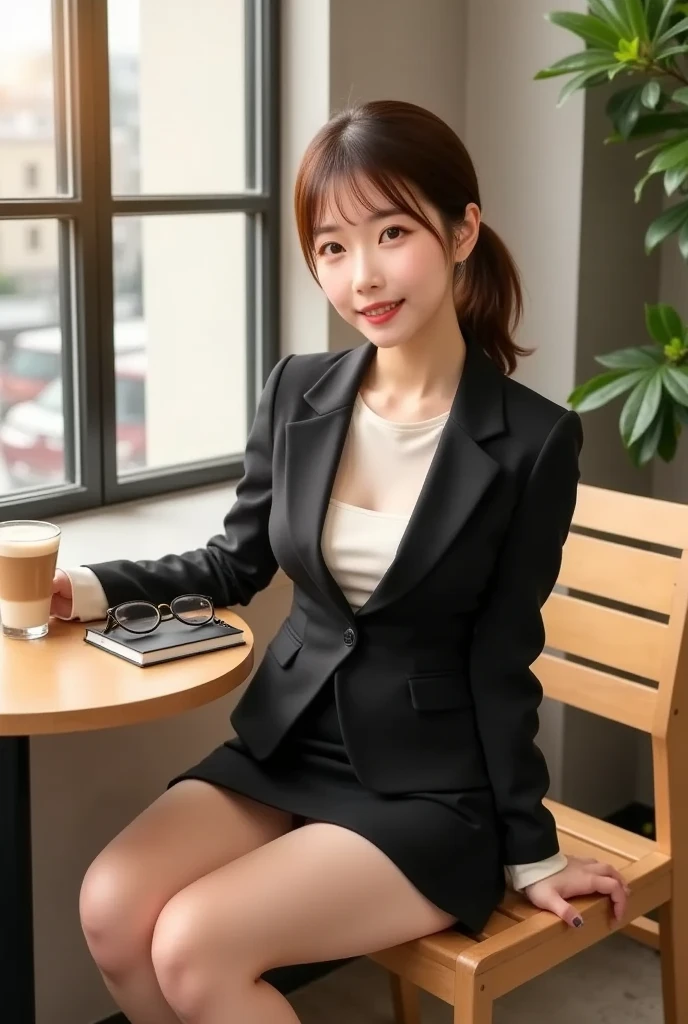 Photorealistic beautiful female student、18-year-old、amazingly beautiful、extremely fine-grained clarity、beautiful body、(highest quality、8K、32K、masterpiece、nffsw:1.3)、ultra high resolution,(Photoreal:1.4),RAW photo, detailed face,,beautiful hair, ((Doctor Style)), ,very short hair 、very short hair、amazingly beautiful二重まぶた、beautiful nipples、 natural makeup,, small perfect breasts, wet hair、detailed background, perfect lighting, Depth of written boundary, beautiful shadow gradation、thin limbs、thin thighs、(whole body)、((business suit))、((stylish cafe、Inside the store、cafe table and stylish chairs、coffee、Control your laptop))、Beautiful and slim perfect body、beautiful high nose、view from the side