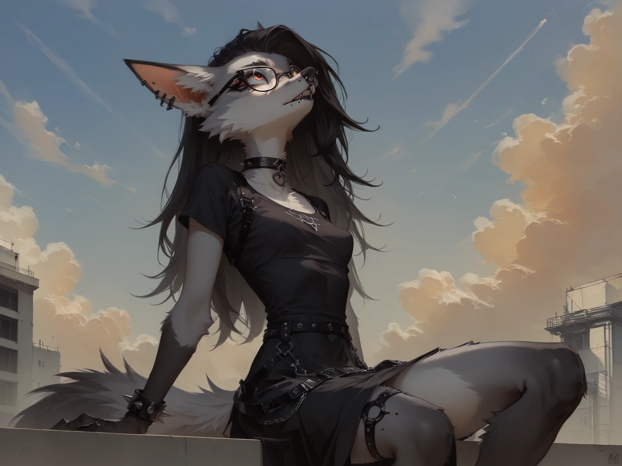 score_9, score_8_up, score_7_up, 1girl, fox girl, goth girl, Anthro, fox, skinny, thin limbs, lithe body, grey and white fur, ((multi-tone fur)), black limbs, fluffy fur, fur tufts, animal nose, orange_eyes, (glasses), (undercut hair), long hair:1.35, (black hair), black dress, goth dress, tight dress, loose skirt, semi-transparent sleeves, sitting, seductive look, tail accessories, glasses, piercings, lip piercings, nose piercing, choker, spiked bracelets, spiked anklets, spiked garterbelt, spiked leg belt. cowboy shot, (((looking up at sky:1.4))), staring at the sky, infatuated with sky, (industrial refinery, industrial setting, imdustrial building), rusty metal, leg up, leaning back,