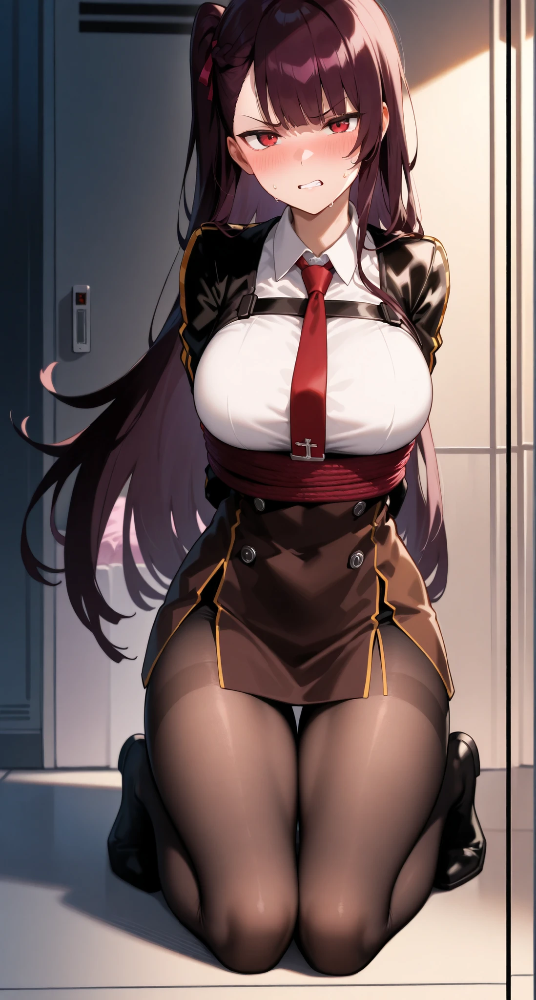 ((Shibari)), Wrapped in a rope, ((((Bondage)))), ((Rope Bondage)), Exquisite details and textures, ((Rope is wrapped around the body many times)))), (brown rope), 1 girl and 1 man, man behind girl, WA2K,neck tie,Shirt,pantyhose,Jacket,gloves,One side up,Hair Ribbon, WA2K, WA2000, girls' frontline, Red Eye, (((((hands tied behind))))), (((((arms behind back))))), (((((large full breasts))))), masutepiece, Best Quality, 1girl in, Long hair, Solo, blush, Full body, (((White shirt))), red neck tie, Close one eye, ((Seiza)), Sitting on the floor, Clenching teeth, (angry), scowl, Sweat, Gradient Hair, (blush), Ultra Detail, Shy, full of sweat, Ultra Detail, Thighs together, Crouching on the floor, Concrete floors, Concrete walls, underground roomで, underground room, brown Rope, (From below)