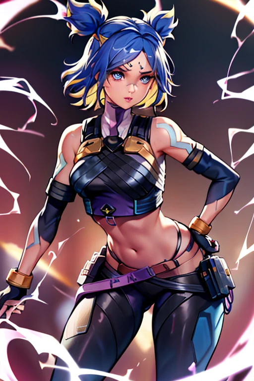 ((masterpiece)), (best quality), (detailed),(hires), (shining face, shining body), neonfx, neon_valorant, 1girl, solo, looking at viewer, blue eyes, blonde hair, gloves, navel, twintails, blue hair, multicolored hair, parted lips, black gloves, belt, pants, floating hair, bandaid, bandaid on face, electricity, animification, bandaid on nose, large breasts, sweating, thighs, erotic, perverted expression, toned body, pervert, showing off body, stripping, showing off chest, perky chest