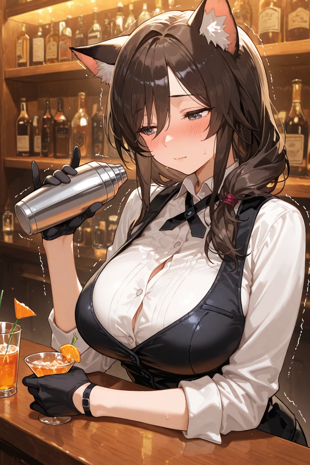 Best image quality, 8k, (Ultra-high resolution:1.5,Japanese,smile,Delicate eyes,Sensitive face,Attractive face,Long Black Hair、Izakaya、White shirt、Black tight skirt、Black Pantyhose、Drinking draft beer、A slightly drunk look、Big Breasts、Her chest is a little exposed.