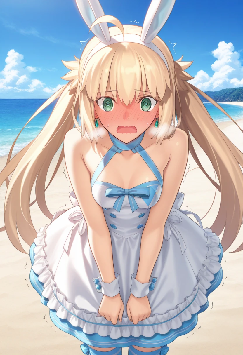 Terracomali Gundesblood、Good looking girl (blush, Perfect Face), independent , Looking at the camera, masterpiece, Anime art style, Cute Characters, Most detailed, high quality、Nico Nico Smile、There are highlights in the eyes、The whole body is visible、blonde、Long Hair、かわいいSwimwearを着て、Playing in the sea、Swimwear