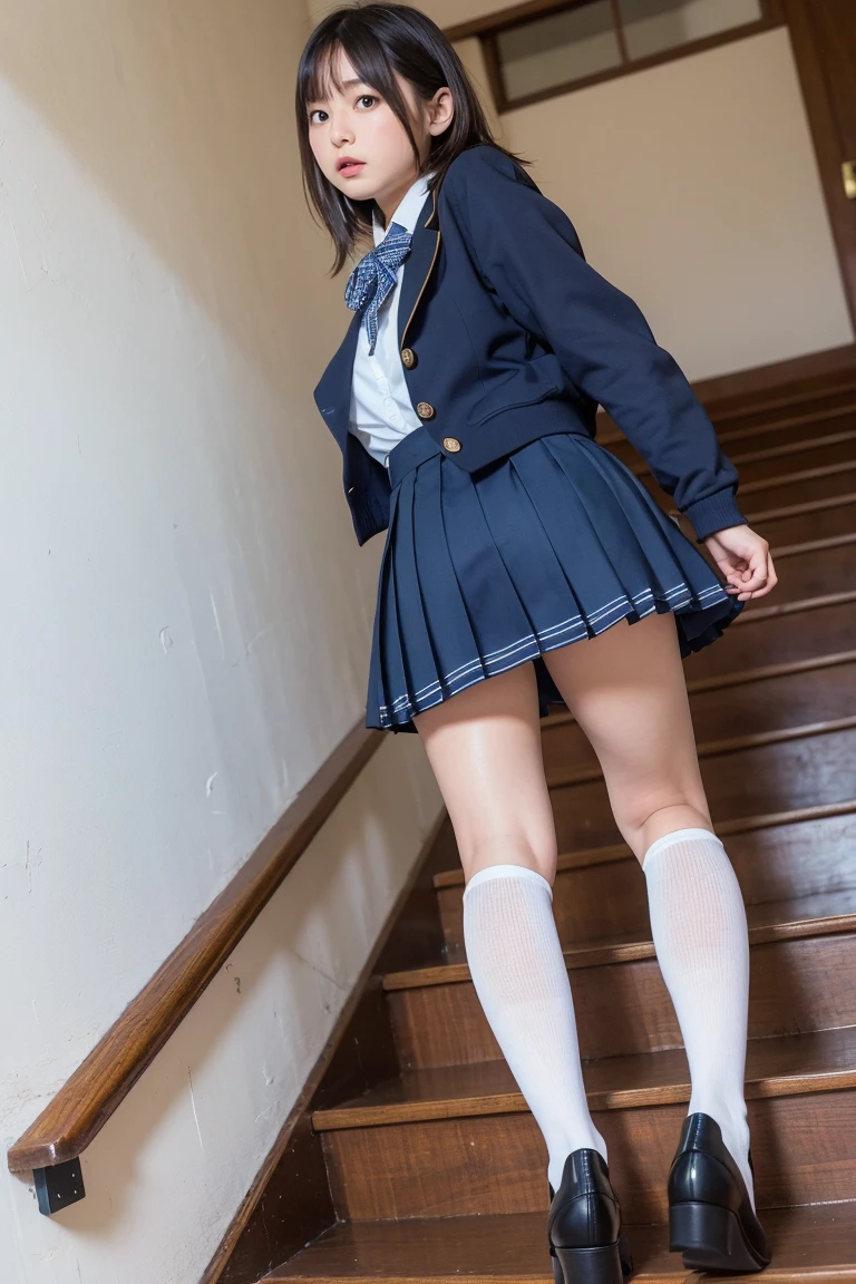 ((highest quality、8k、masterpiece:1.3)),((((fullbody shot)))),Ultra-high resolution,big eyes,Japanese,bangs,(a girl),(1 girl),((20 years old)),((facing at viewer)),(long hair),(((black sailor uniform))),grin,((squatting)),(pleated mini skirt),(((pussy))),((pubic hair)),((skirt lift)),(((short crew socks)))