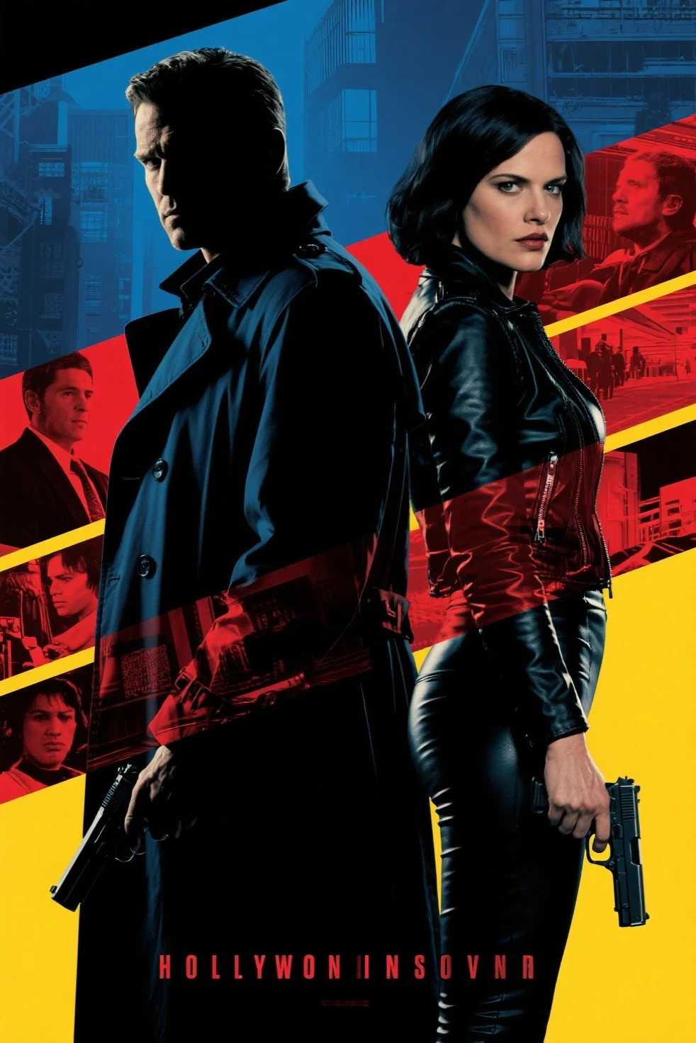 Hollywood spy thriller poster:Mysterious man in trench coat and woman in tight jacket standing back to back,Sharp eyes,holding handgun。background uses multi-scene narration and double exposure。in pop art style,Thrilling suspense。deep blues、black、Red and yellow tones,for dramatic effect。