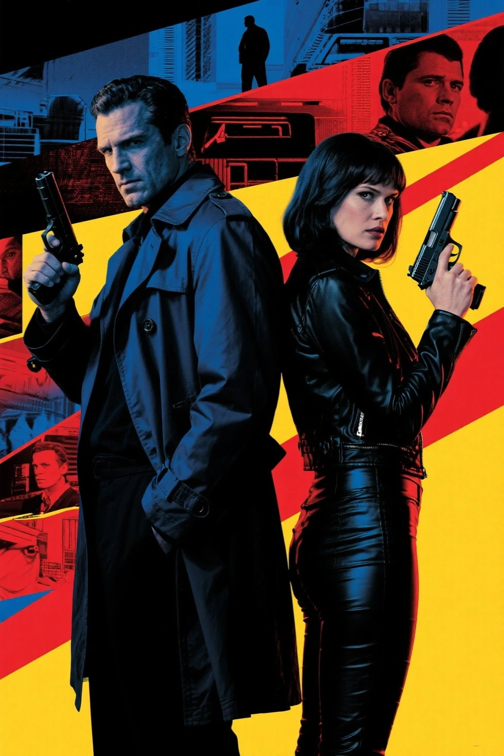Hollywood spy thriller poster:Mysterious man in trench coat and woman in tight jacket standing back to back,Sharp eyes,holding handgun。background uses multi-scene narration and double exposure。in pop art style,Thrilling suspense。deep blues、black、Red and yellow tones,for dramatic effect。