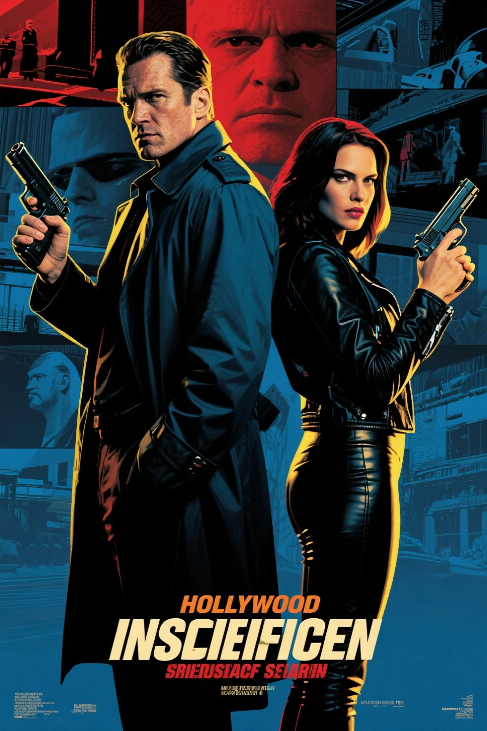 Hollywood spy thriller poster:Mysterious man in trench coat and woman in tight jacket standing back to back,Sharp eyes,holding handgun。background uses multi-scene narration and double exposure。in pop art style,Thrilling suspense。deep blues、black、Red and yellow tones,for dramatic effect。