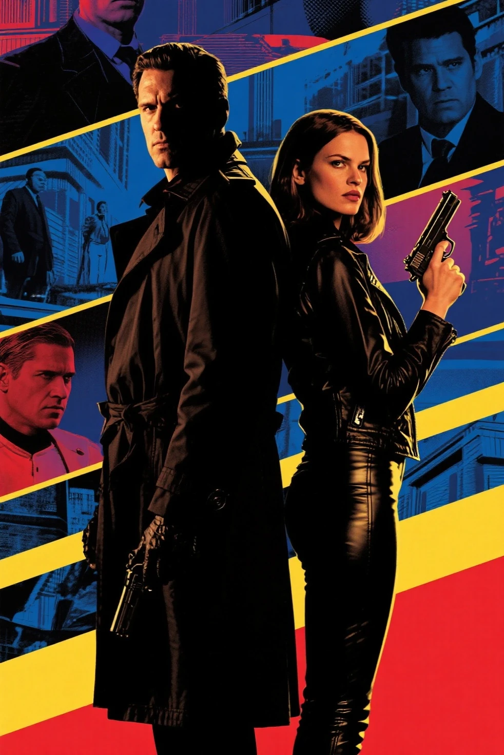 Hollywood spy thriller poster:Mysterious man in trench coat and woman in tight jacket standing back to back,Sharp eyes,holding handgun。background uses multi-scene narration and double exposure。in pop art style,Thrilling suspense。deep blues、black、Red and yellow tones,for dramatic effect。