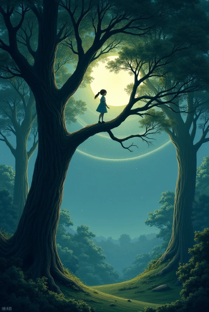 it's late at night,The moon is covered in silver yarn,quietly climbing to the treetops。in style of hayao miyazaki