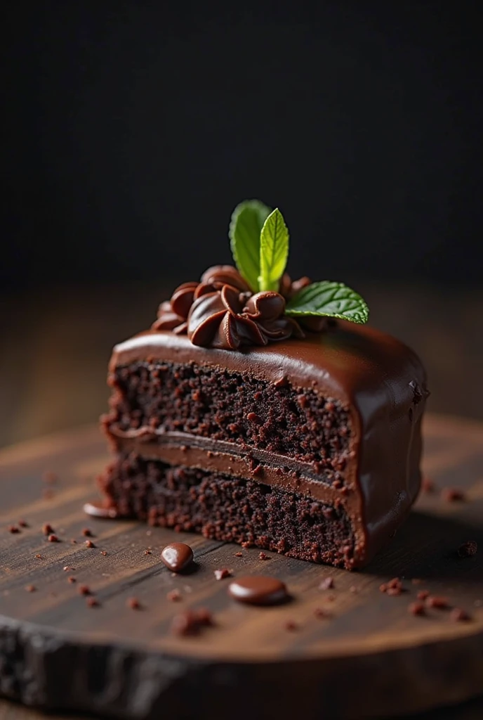 cinematic still-frame chocolate, chocolate cake ,deep dark background,High Quality Photos,Moist Textures,Icing ,studio photo,slice,shallowdepthoffield,Vignette,Very meticulous,High budget,Bokeh,Movie Widescreen,gloomily,epic,opulent,cinematic grain,grain sense