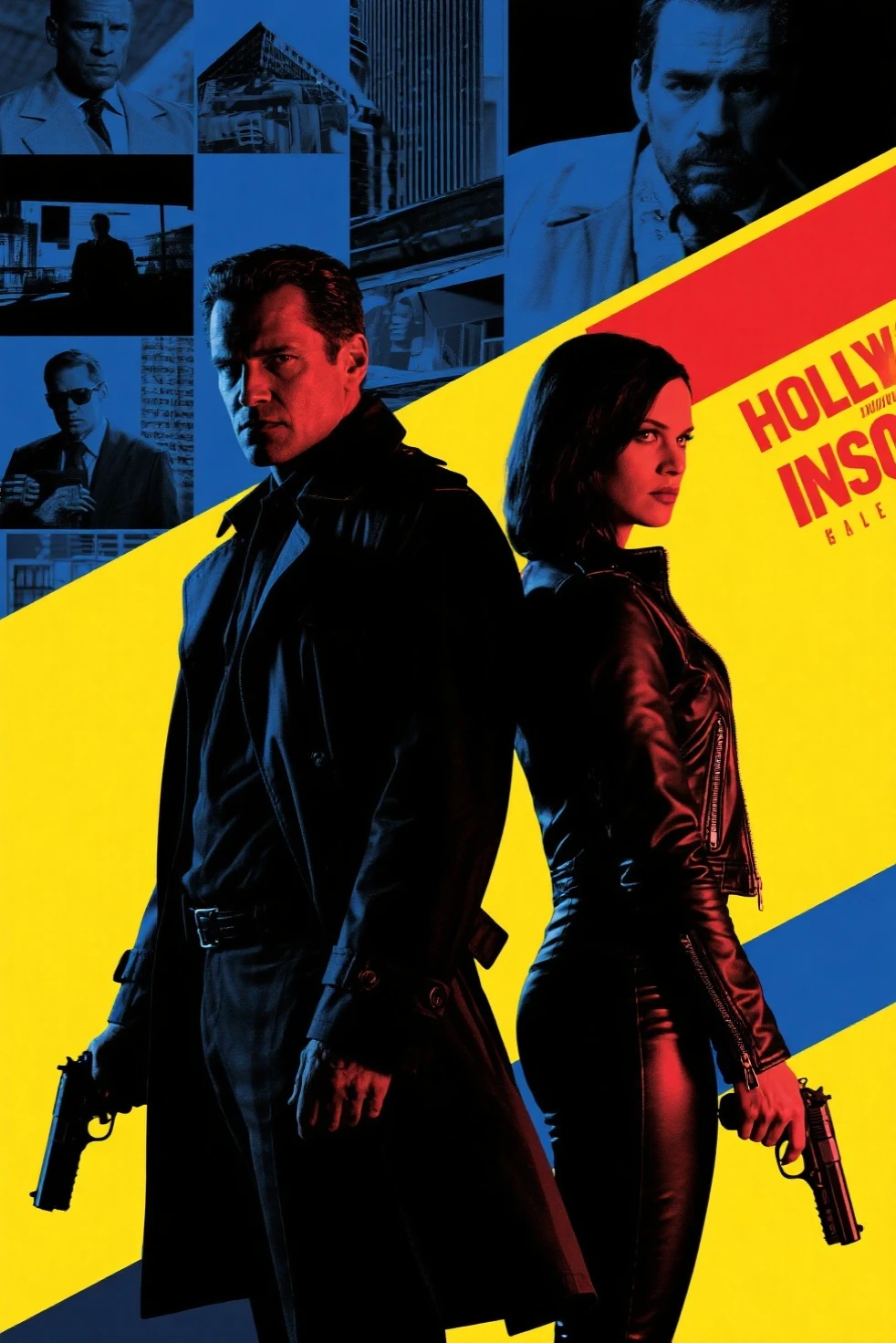 Hollywood spy thriller poster:Mysterious man in trench coat and woman in tight jacket standing back to back,Sharp eyes,holding handgun。background uses multi-scene narration and double exposure。in pop art style,Thrilling suspense。deep blues、black、Red and yellow tones,for dramatic effect。