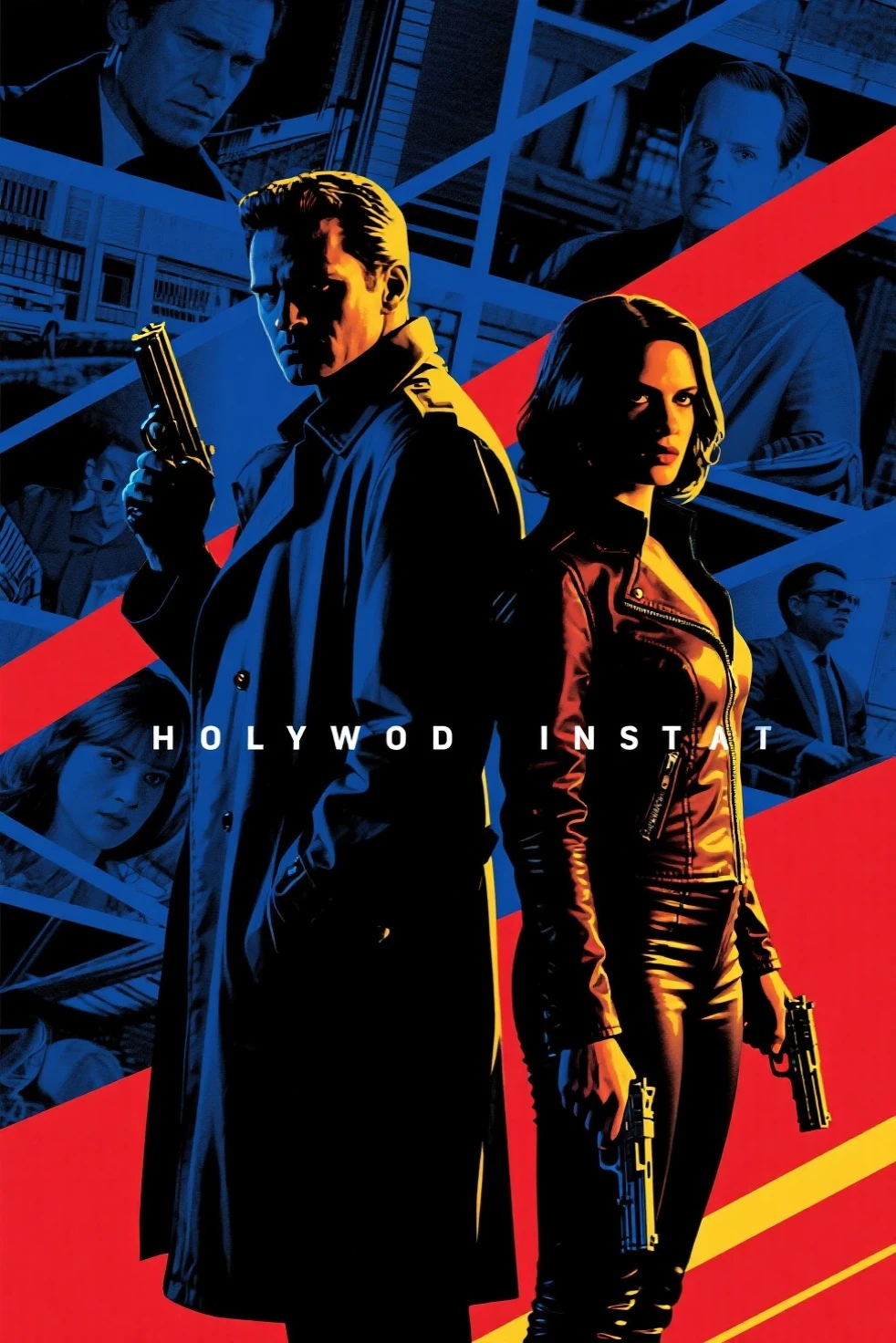 Hollywood spy thriller poster:Mysterious man in trench coat and woman in tight jacket standing back to back,Sharp eyes,holding handgun。background uses multi-scene narration and double exposure。in pop art style,Thrilling suspense。deep blues、black、Red and yellow tones,for dramatic effect。