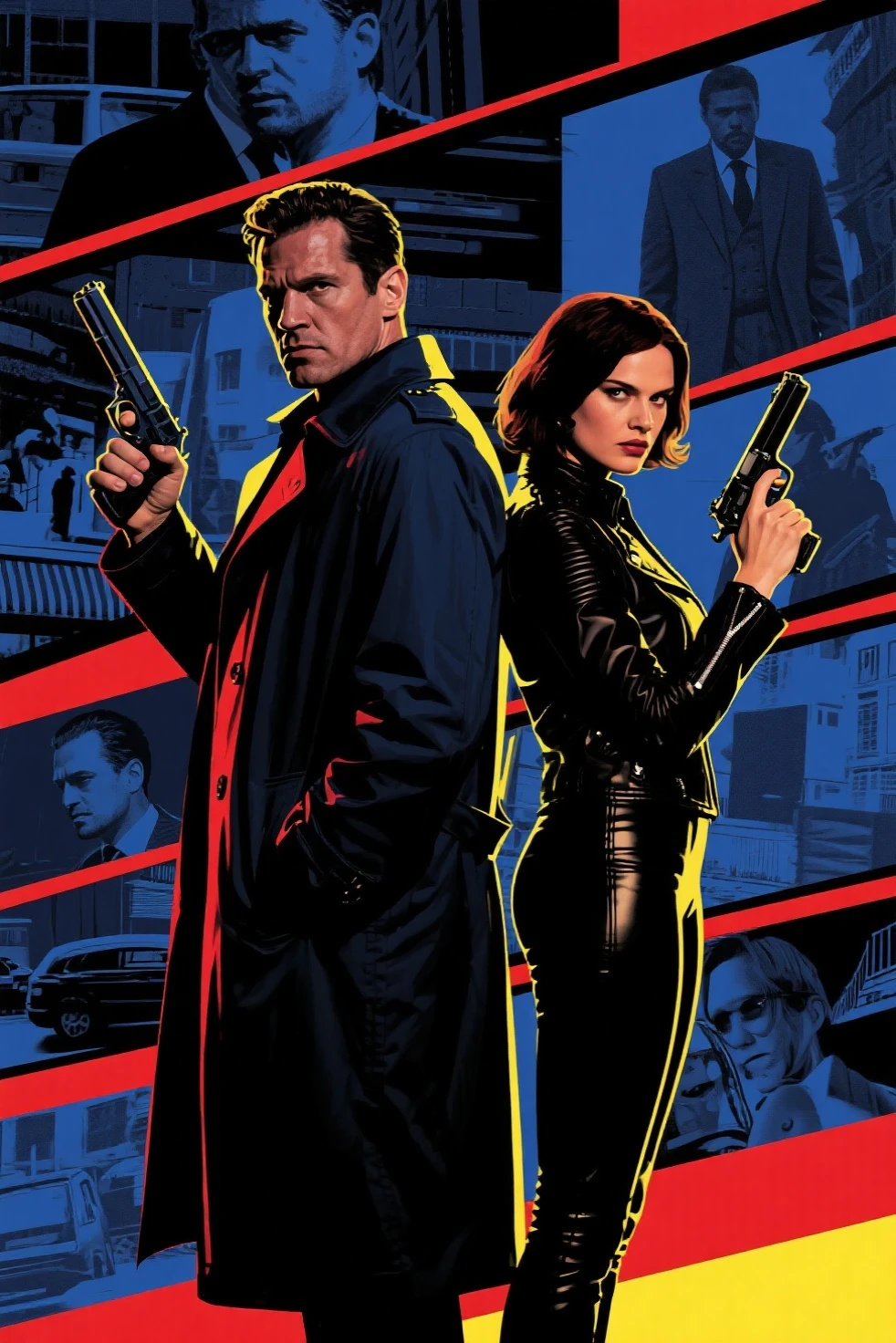 Hollywood spy thriller poster:Mysterious man in trench coat and woman in tight jacket standing back to back,Sharp eyes,holding handgun。background uses multi-scene narration and double exposure。in pop art style,Thrilling suspense。deep blues、black、Red and yellow tones,for dramatic effect。