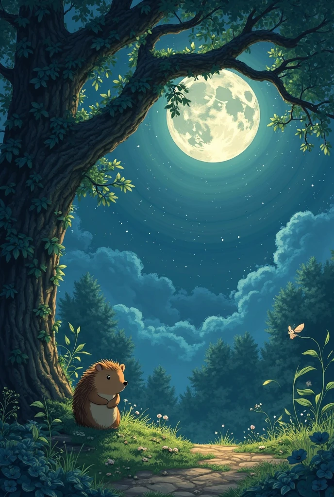 Ghibli animation style,A dreamy forest shrouded in moonlight。A huge full moon hangs low,Silver light sprinkles all over the mossy path。Beside the oak tree roots,The little hedgehog rubs his eyes and yawns;The squirrel on the branch curls up with his tail in his arms;The rabbit's ears are exposed in the nest。A hazy light dust dances lightly,A thin mist flows over the tree roots,All things sink into a sweet dream in the cradle of stars and moon。A warm and quiet night of sleep