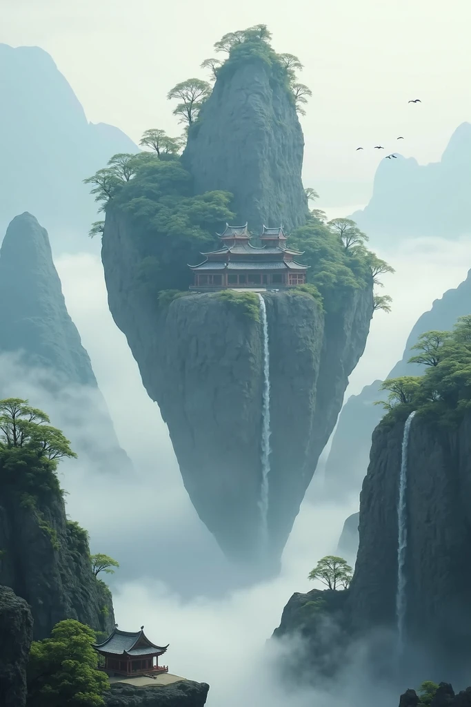 A surreal landscape unfolds，The towering rock layers peek through thick fog and clouds. 。The central focus is huge, vertical mountains，traditional East Asian The pagoda nests unsteadily on the ledges, suggest a serene, ancient abbey background. Disappearing into the fog, ，It is adorned with curved roofs and bright red wooden frames, that blend harmoniously with the lush green leaves clinging to the surface of the rock. cascading waterfalls gracefully differ from the mountain The height overflow, 消失在, creates a sense of serenity and isolation.  in distance , Other large rock formations rise in the haze, also adorns the pagoda, creates an endless and ethereal atmosphere. Birds fly in a pale sky, of these buildings，enhances the breadth and serenity of the scene. The overall mood is peaceful and mystical, is reminiscent of a hidden world suspended between heaven and earth.