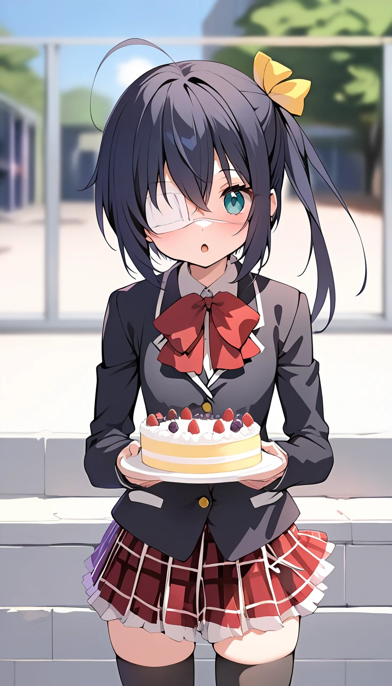 <lora:rikkasdxlV33:0.8>, masterpiece, best quality, absurdres, 1girl, rikka, yellow ornament, school uniform, plaid skirt, blazer, red bow, black thighhighs, cowboyshot, school background, :o, holding cake, happy