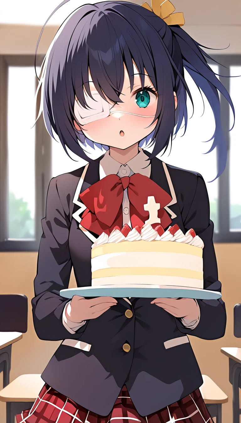 <lora:rikkasdxlV33:0.8>, masterpiece, best quality, absurdres, 1girl, rikka, yellow ornament, school uniform, plaid skirt, blazer, red bow, black thighhighs, cowboyshot, school background, :o, holding cake, happy