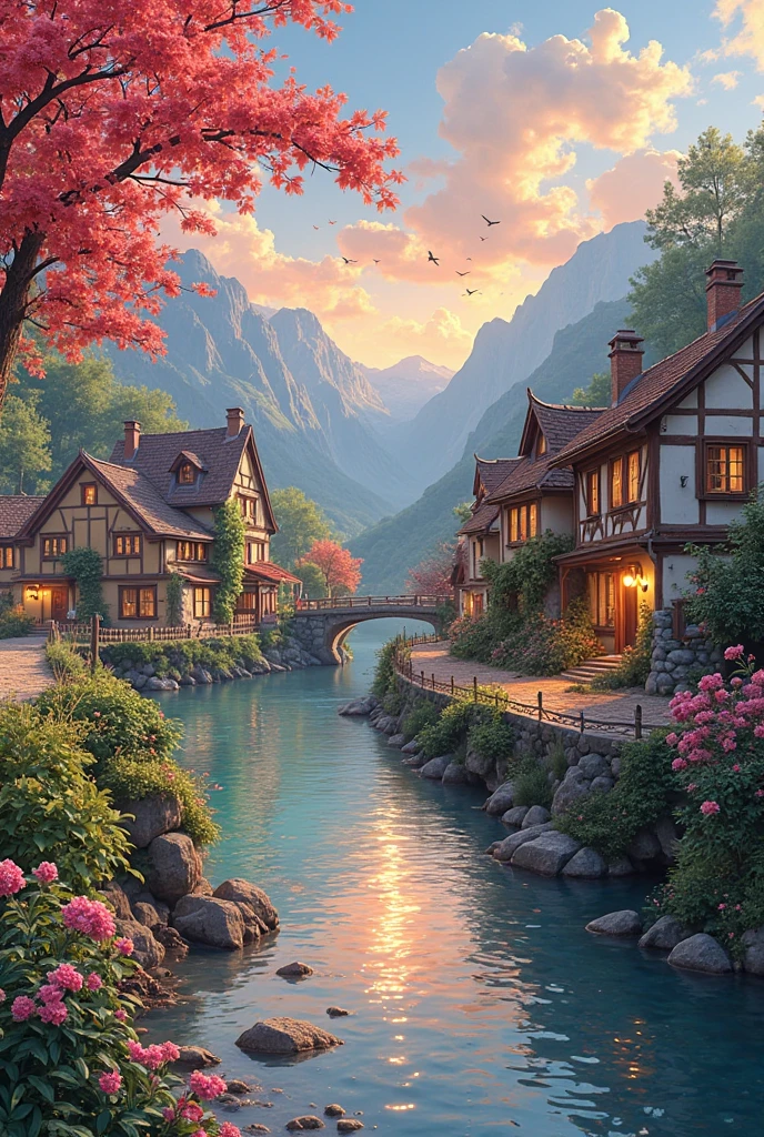 A small village by the river,Background is mountains,Flowers bloom,Brightly colored,Detailed scenery,Beautiful natural landscape,Ambiance Lighting,Scorching sunset,a warm color palette,utility,utility摄影,Delicate leaves,Intricate architecture,cobblestone streets,charming country house, swirling bright colors,dense vegetation,Intricate architecture,picturesque,Leisure and tranquility,artwork of a,Best quality,8k,Extremely detailed,Anime style