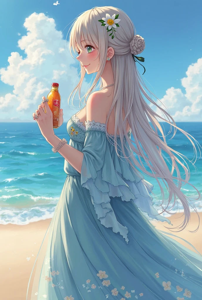 Peerless beauty，Smile，long hair shawl wool roll，Little flower decoration on the head，Wearing a necklace，耳Nipple Ring，bangle，wearing a long blue lace dress，Holding a drink bottle in his hand，sideface，Full body shot，HD texture，beachside
