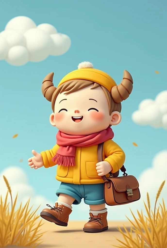 heal系玉兔狗,Minimalist,Cartoon image in European and American illustration style,Composed of fabric,coton,felt and plush,Ugly,adolable,softness,heal,Minimalist,Leave a blank background,Carrying a satchel,带着adolable的帽子,Outdoors with blue sky and white clouds。Large lens close-up,Composition of a ID photo