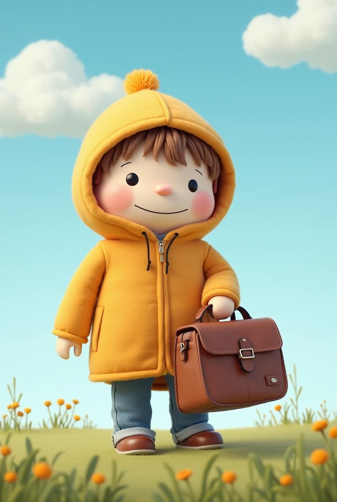 heal系玉兔狗,Minimalist,Cartoon image in European and American illustration style,Composed of fabric,coton,felt and plush,Ugly,adolable,softness,heal,Minimalist,Leave a blank background,Carrying a satchel,带着adolable的帽子,Outdoors with blue sky and white clouds。Large lens close-up,Composition of a ID photo