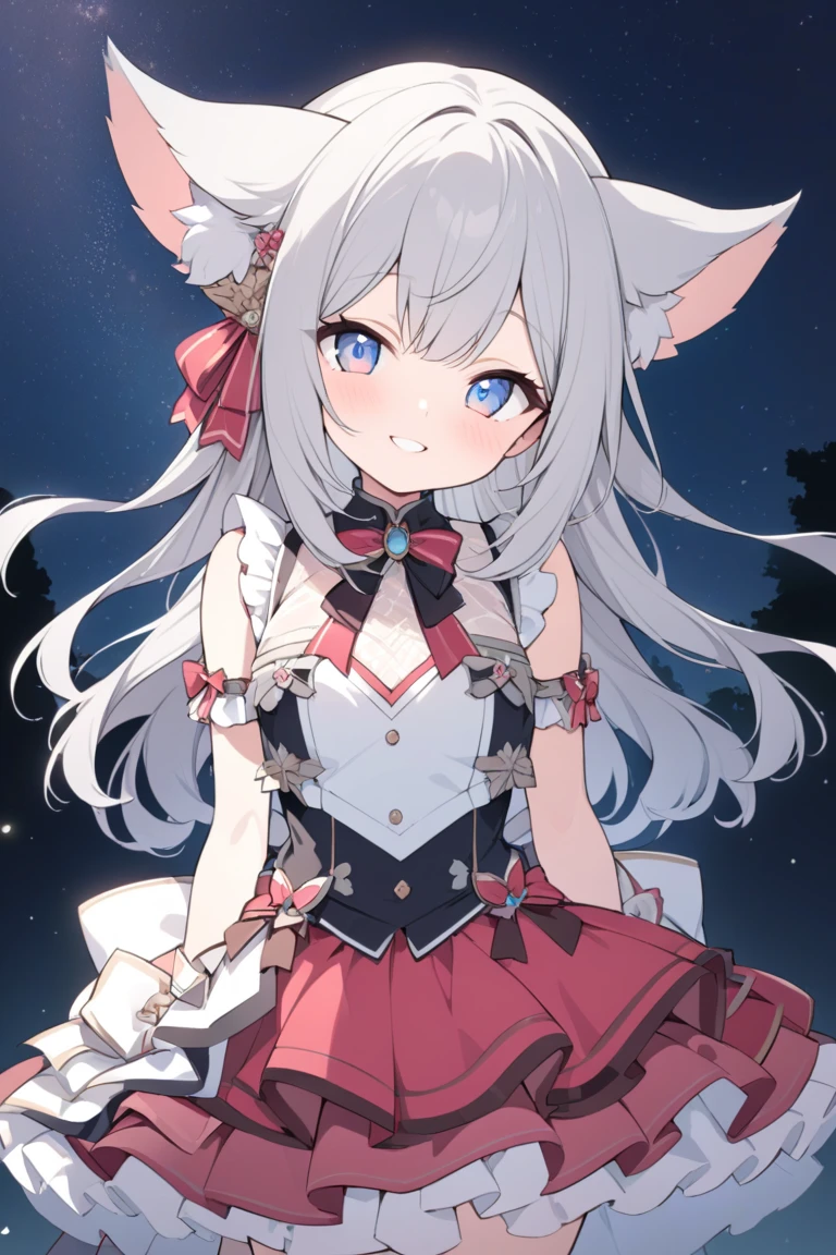 Cute girl, beast ear, coda, silber hair, The ends of the hair are faded red, masterpiece, Adorable design, Beautiful eyes, beautifullips, pretty face, Good-looking, Amazing contrast, (Try using soft colors to reduce shine) , Elegant, Cute idol clothes, The chest is large, Right in front of me, Tilt your head and smile, Stand under the stars