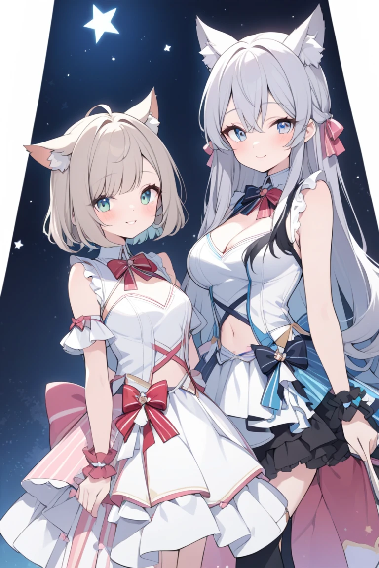 Cute girl, beast ear, coda, silber hair, The ends of the hair are faded red, masterpiece, Adorable design, Beautiful eyes, beautifullips, pretty face, Good-looking, Amazing contrast, (Try using soft colors to reduce shine) , Elegant, Cute idol clothes, The chest is large, Right in front of me, Tilt your head and smile, Stand under the stars