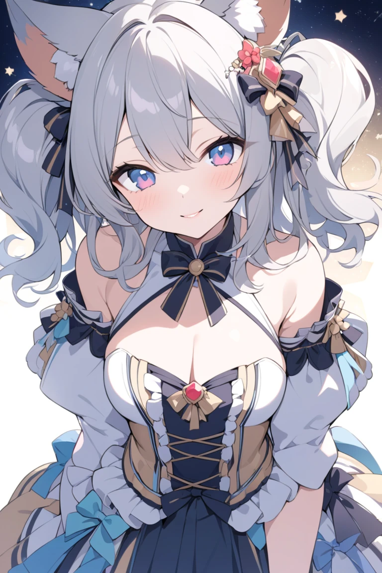 Cute girl, beast ear, coda, silber hair, The ends of the hair are faded red, masterpiece, Adorable design, Beautiful eyes, beautifullips, pretty face, Good-looking, Amazing contrast, (Try using soft colors to reduce shine) , Elegant, Cute idol clothes, The chest is large, Right in front of me, Tilt your head and smile, Stand under the stars