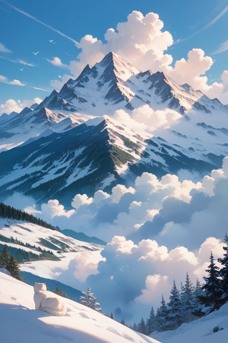 The white giant cat takes a nap at the top of a snowy mountain,The hair flutters with the wind,Surrounded by a sea of clouds,Mountains in the distance,The morning light is faint