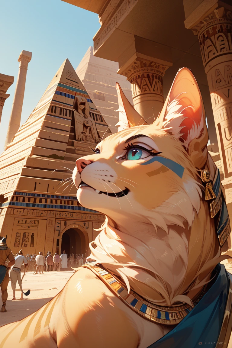 giant cat in the shape of a Buster cat,Golden fur shines,Ancient Egyptian pyramids in the background,Desert dusk,Mysterious and solemn