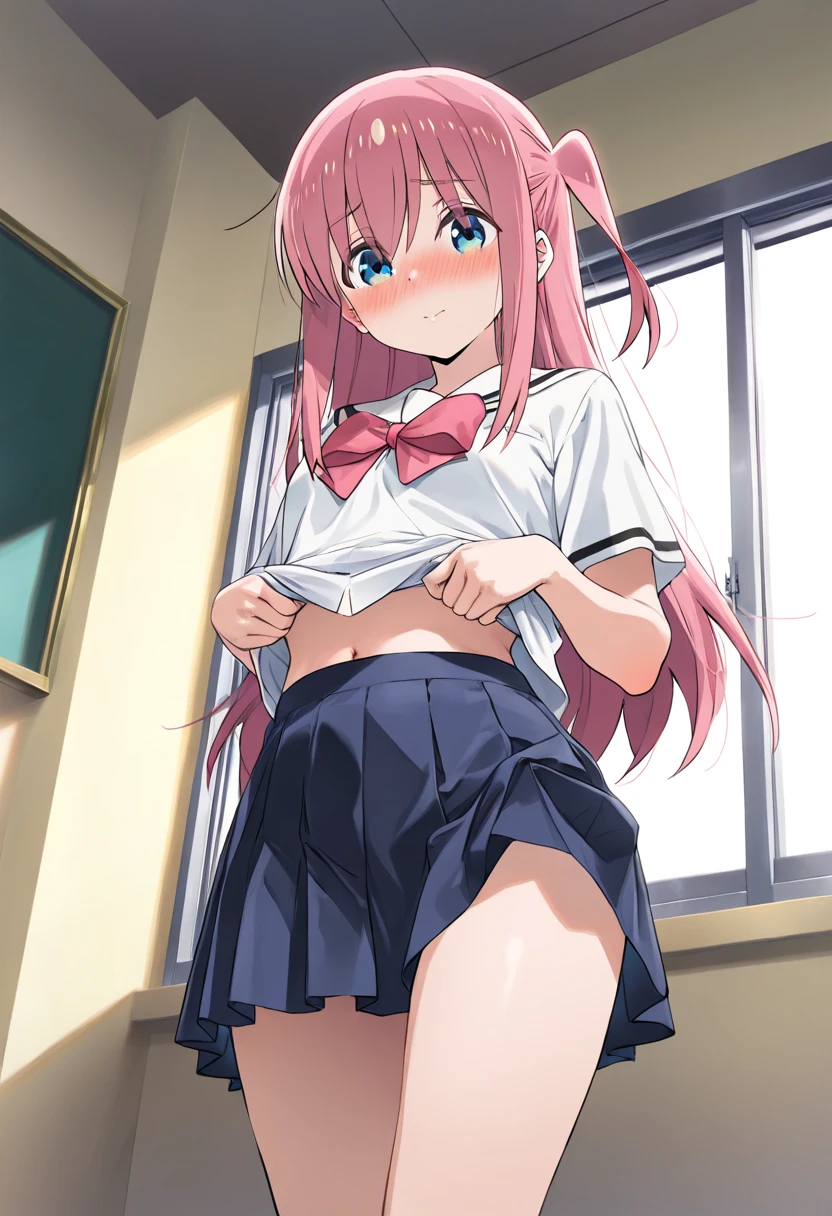 (masterpiece, best quality:1.2), 1girl, solo, scenery, illustration, looking at viewer, school, depth of filed, light on face, portrait, pink hair,
 (white panties:1.5), (spread legs, open legs, knee up:1.3), naval, groin, perineum, leaning back, body tilt, shy, blush, embarrassed, small breasts, arms behind back, cowboy shot, dutch angle, masterpiece, best quality