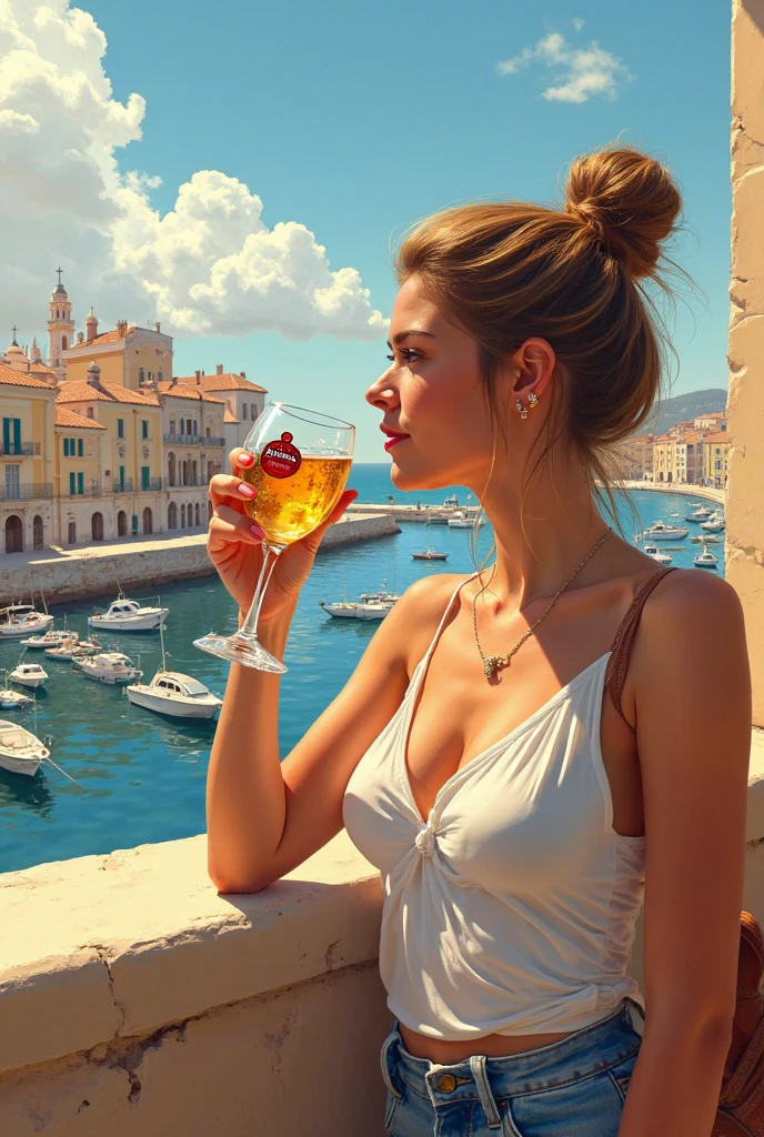 (masterpiece oil painting), 1 woman, breakfast at a luxurious table full of treats, a beautiful peignoir is thrown over the shoulders and unbuttoned in the middle, (show your :1.6) one leg laid to the side, ( pubic hair visible:1.7), Smile on his face, ethereal and beautiful Hugo Boss model from the 1940s.., Beautiful painting with a very detailed face by Alphonse Mucha.., Craig Mullins, Greg Rutkowski, Magali Villanueva, (The most beautiful picture), The whole body is visible,  pose, ideal body shape, (view from below from the floor:1.3), on the balcony against the backdrop of the beautiful seashore, mountains