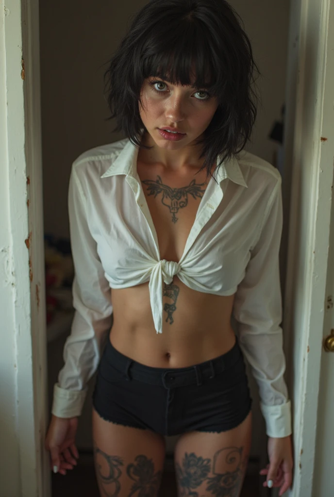 Pulls her panties down to her knees, Intimate haircut