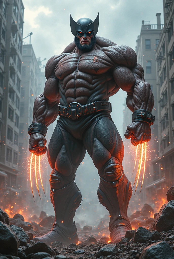 In the heart of a gritty urban landscape, a towering figure emerges. Wolverine, the mighty mutant, stands tall and imposing, his muscular physique bulging with raw power. His razor-sharp claws gleam menacingly in the dim light, casting long, ominous shadows on the cracked pavement below.

With a thunderous roar, Wolverine flexes his massive biceps, their bulging veins a testament to his immense strength. Each flex echoes through the concrete jungle, shaking the foundations of the decaying buildings around him. The ground trembles beneath his giant feet as he stamps them, sending shockwaves