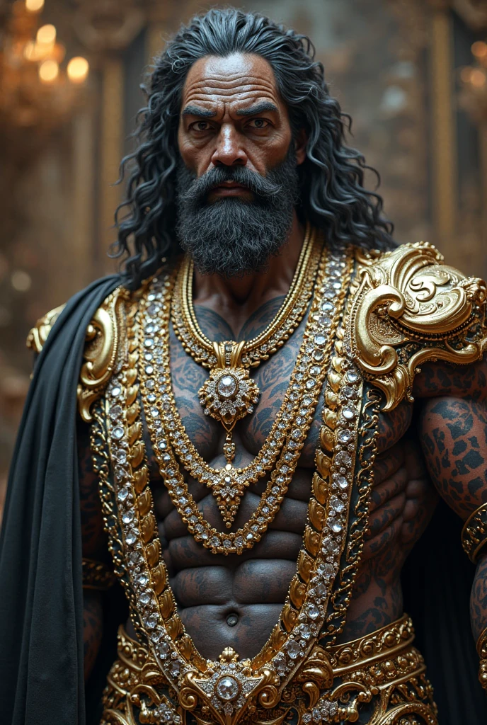 Hyperrealistic image of an African man imperial king steampunk stripper dancer with a huge gold crown and jewels on his head., superhero with grey afro hair and very long hair, very old and very sweaty bodybuilder over 80 years old..very muscular and fat, He weighs more than 200 kilos with a naked torso., large and flaccid pectorals, Brown nipples and big grey mustaches standing in the middle of a stage with a Victorian red velvet curtain in the background and lots of brass candelabras around and velvet skirt with gold embroidery and jewels