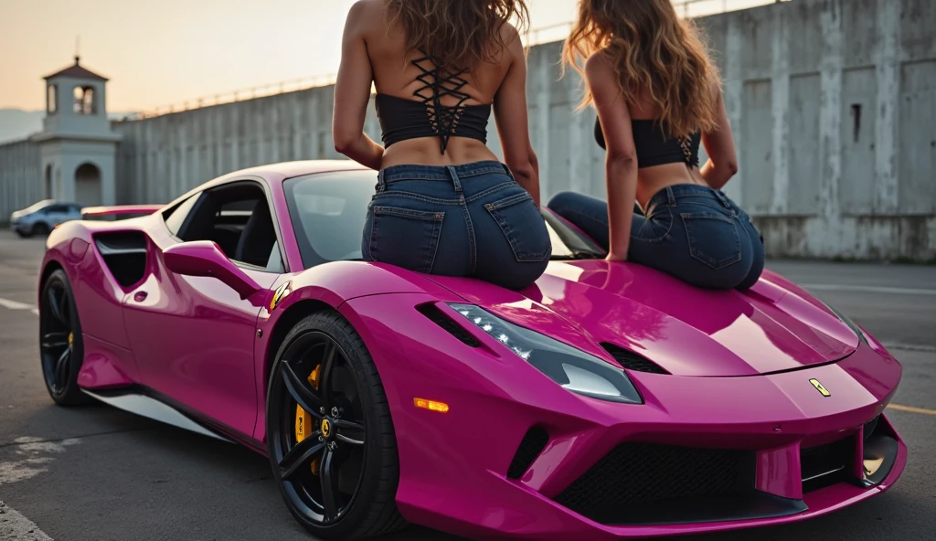 A beautiful Colombian blonde with long, natural hair, aged 21, piercing blue eyes, girlish face, fit, slightly fit body and slim abs, next to a pink Lamborghini aventador in a very tight outfit. Sleek, slender legs, lacy clothing, sexy lingerie