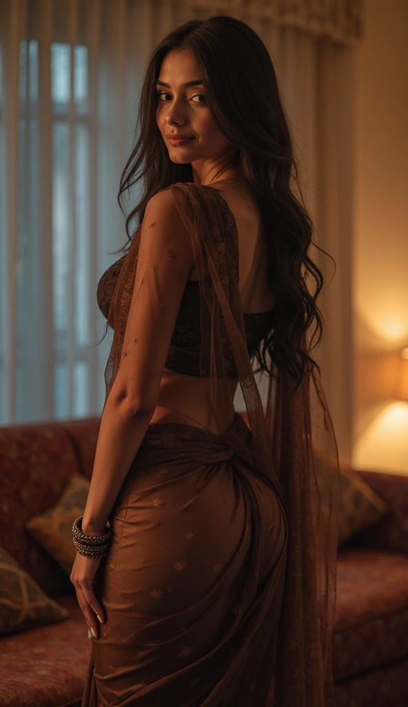 Indian bhabhi with big ass and boobs in a see through saree