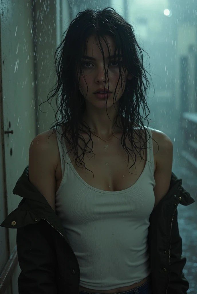 ((Stoya holding an umbrella handle:1.2))、(raining:1.4)、in the city、Close and distant views、(Highest quality、4K、8K、High resolution、masterpiece:1.2)、Super detailed、(Real、Photorealistic、Photorealistic:1.37)、Detailed、Beautiful sky、gloomy、Calm atmosphere、cloudy、Detailed midriff、sexy、Quiet landscape、erotic、 