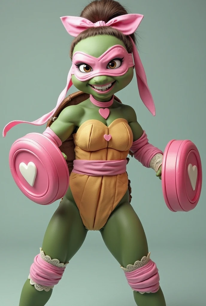(best quality, highres, realistic:1.37), Bernadette Peters (age 30) cosplaying as a Teenage Mutant Ninja Turtle at a comic convention, Brie Larson passionately begs for her autograph, showcasing her entire body. Detailed eyes, lips, and face, emphasizing Peters' vibrant and expressive features. The composition captures the electric atmosphere of the convention, with colorful and energetic surroundings. The costume is exquisitely crafted with intricate details resembling the iconic Ninja Turtle design—authentic turtle-like texture and vibrant green hue. Peters radiates with confidence as she strikes a dynamic pose, capturing the essence of the character. Surrounding the scene, comic book booths, cosplayers, and enthusiastic fans add to the lively ambiance. The lighting accentuates the vibrant colors, providing a cinematic feel.