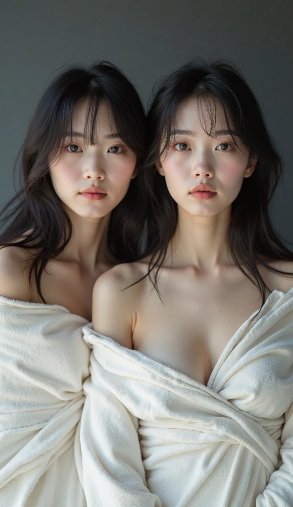 Two close female friends posing naked together、Beautiful and intimate portraits,Black Hair,Nipples,Photo studio、masterpiece、Highest quality、8k、Super detailed、Professional Lighting、Warm tones、Soft Focus、Natural look、A tender moment between friends,pubic hair