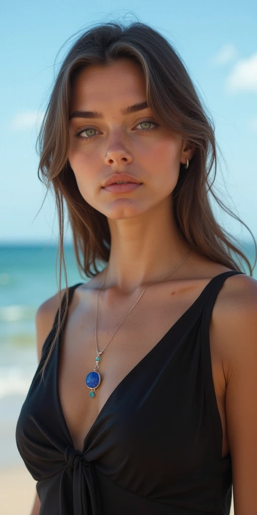 arafed woman with a white tank top and a necklace, sexy girl with green eyes, portrait sophie mudd, brown hair and large eyes, selfie of a young woman, bedroom eyes, violet myers, without makeup, natural makeup, looking directly at the camera, face with artgram, subtle makeup, stunning full body shot, piercing green eyes, arafed woman with tattoos on her body sitting on the beach, instagram model, violet myers, profile image, posing on a beach with the ocean, sexy girl, 20-year-old woman from cuba, alana fletcher, bikini model, posing on the beach, alexa65, alexa 65, profile pic, gorgeous woman, demi rose
