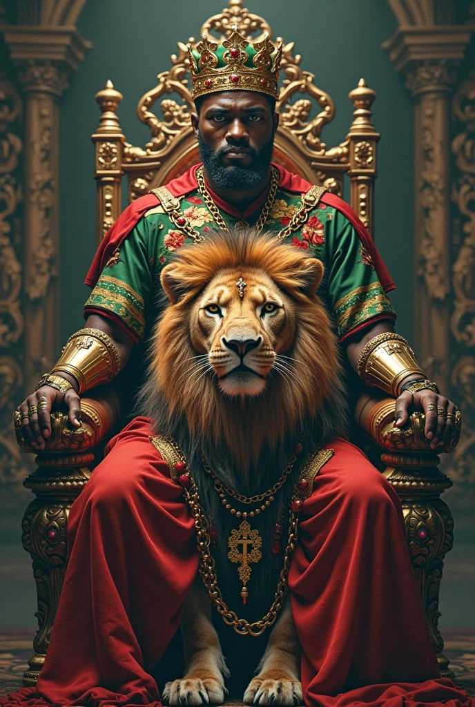 Beau man d'une trentaine d'année buvant un café, quite muscular, comme the king Osei Tutu, surrounded by 3 lion cubs, Tissu africain, the king Osei Tutu, royaume Ashanti, sitting on a throne