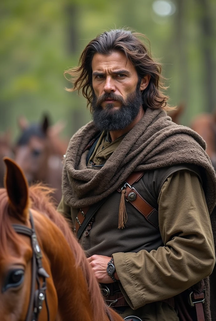 (photorealism:1.2), medieval bearded man riding a horse, first person view, getting close to a farm with a man 