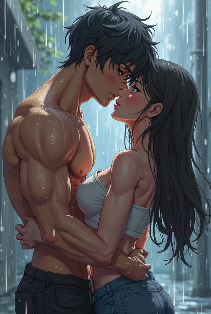 Realistic anime illustration of a passionate kiss in front of a large bedroom window. Violeta (1), with her long braid running from dark brown roots to white tips, is having intense sex with Xanden (2). Xaden, with short black hair, is naked, revealing his muscular build as he touches Violeta with his hands. The storm outside rages on, with lightning illuminating their figures through the window, casting a dramatic and sensual glow on their intertwined bodies. The scene captures a moment of raw passion, highlighting the powerful connection between them.