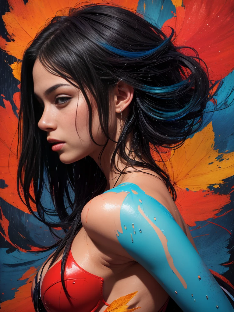 one girl, solo, abs, slender body, (upper body, bust:1.2), black eyes, black hair, red clothes, bare shoulders, masterpiece, highly detailed, look at viewer, shiny blured orange background, gradient sprayed background, front view, gradient red purple background, blured background, glowing edges of image, (paint splashes:1.5), (abstract, psychodelic:1.5), (deep cleavage:1.3), (torn clothes, transparent clothes:1.3), denim shorts, torn T-shirt, transgressive art, octane render , saturated colors, pastel colors