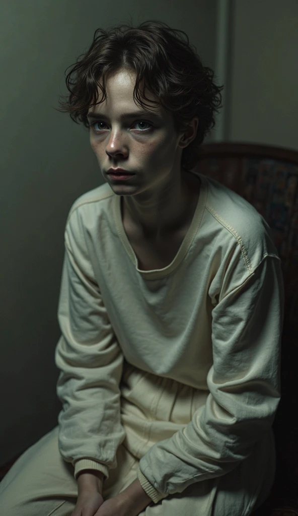 Beautiful bald girl in the bathroom on the floor, sitting with pills and syringes, pogrom in the room, broken glass girl crying, realistic portrait, drama