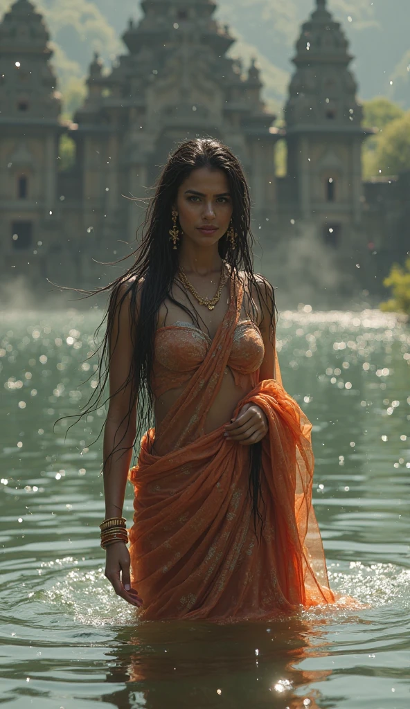 ((realistic:1.5)),((best quality)), ((masterpiece)),((detailed)), (1girl), {a beautiful female wearing a Sari}, (upper body:1.3),super-wide-angle lens,face focus, mature,sexy,toned muscles,long legs,curvy, barefoot, medium breasts, open cleavage, drooping breasts, thick thighs,wide hips, thin legs, green eyes,long black hair,floting hair,long eyelashes, (detailed face,beautiful eye, detailed pupilss,detailed clothes features, clear background:1.3), (Bindi,Jhumkas:1.3), (Armlet, Haar, Payal,Maang Tikka,Jhumkas,Kamarband,Bangles:1.3), mysterious ancient ruin, lush forests, deep canyons,bridge,river,cliff,cloud, lakes,rock,waterfalls, flowers, grass, fog,vine,tree, smoke, best shadow,bright details,sharp,perfect composistion, Intricate, Sharp focus, dramatic, (specular lighting:1.3),rim light, princesses, royal skimpy underwear,