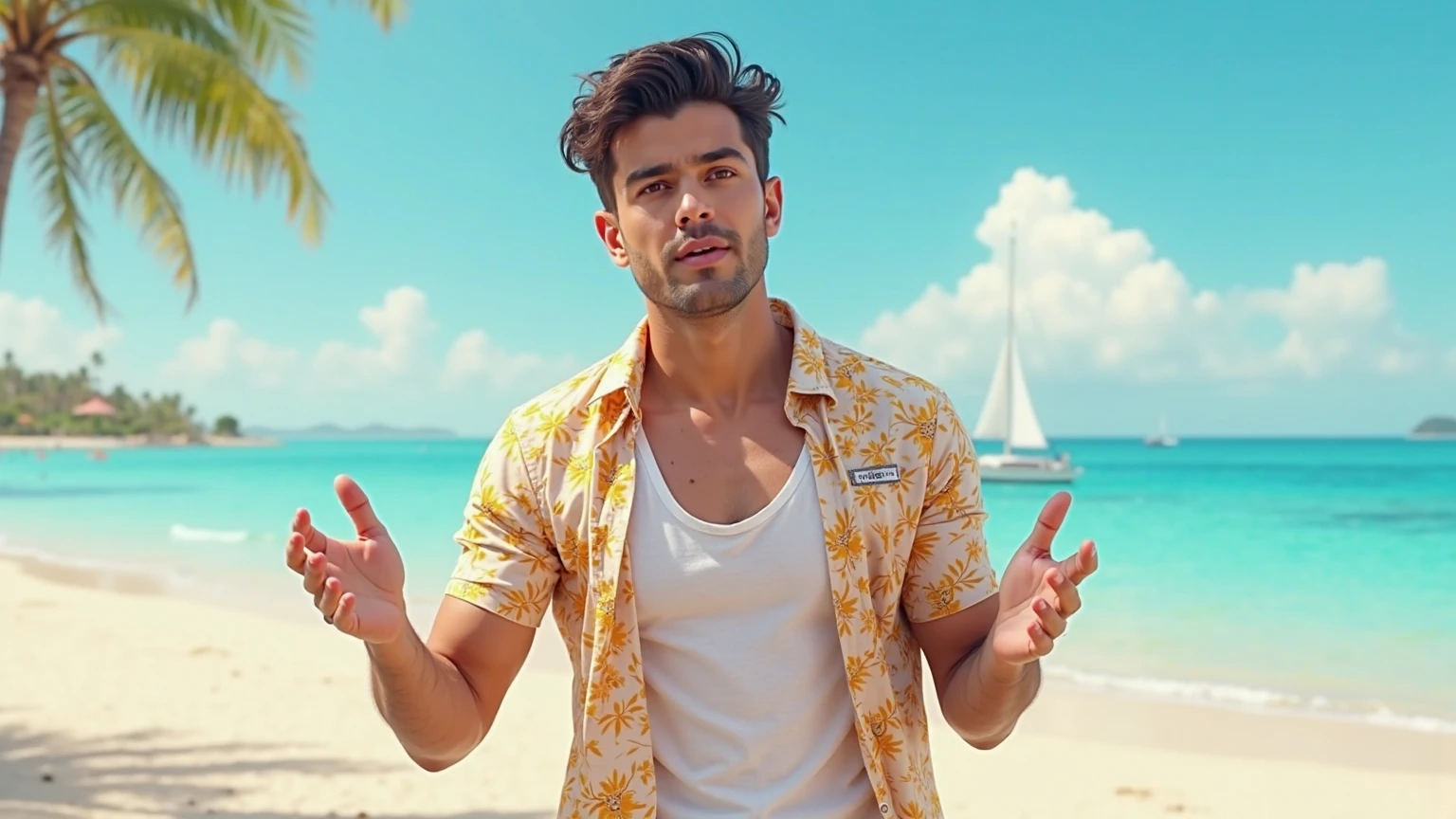 A handsome young man with a beautiful, thin, white face, fair and smooth skin, shirtless, wearing a pink swimsuit, short black hair, on a catwalk at a men's beach party, holding a beach ball in his hand, the audience applauding and celebrating with bubbles. A tall, thin, white, shirtless man.