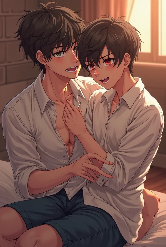 (Male,5'8,light skin,green eyes,messy black hair,stubble beard,open shirt,treasure trail body hair,grey shorts),pinning his (male 5'4,long brown hair,hazel eyes,light skin,pink hoddie,black shorts) boyfriend onto the bed kissing