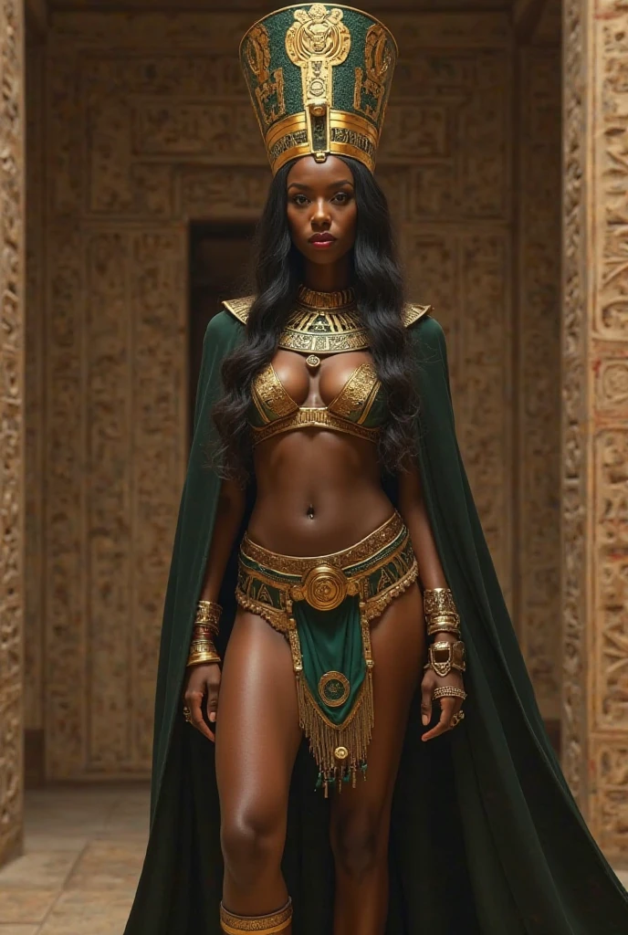 30 year old black asian alien woman, forest with redwood trees, wearing gold lingerie, gold crown, necromancer sorceror, shield made of bones, fire staff made of meteorite